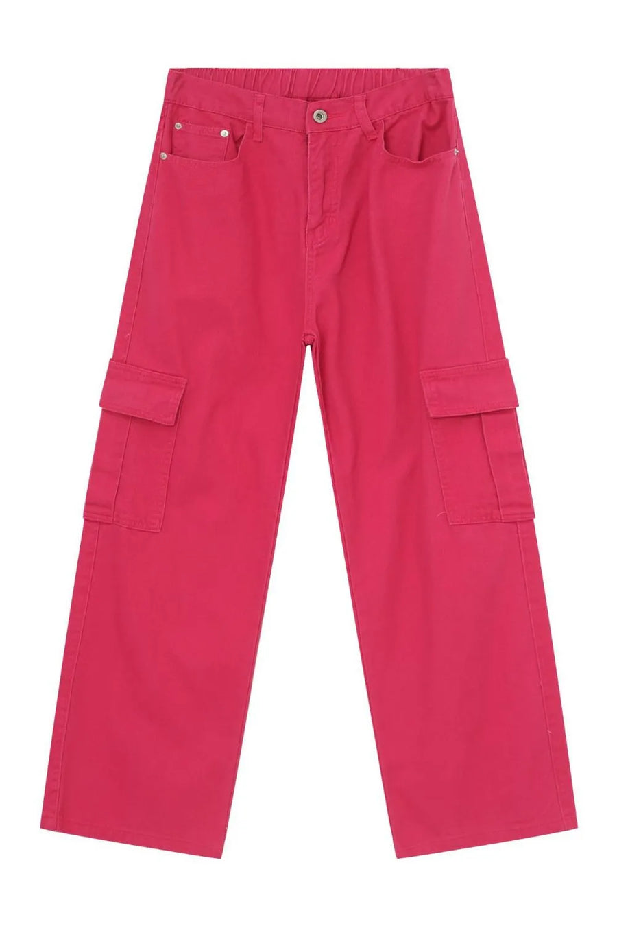 Electric pink baggy cargo pants with multiple pockets and a relaxed fit.