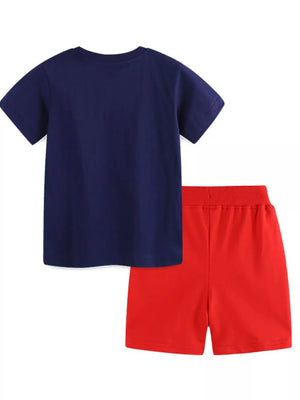 Dark navy t-shirt and red shorts set for toddlers, cotton blend, casual.