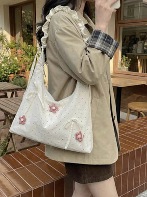 Cream Floral Embellished Shoulder Bag