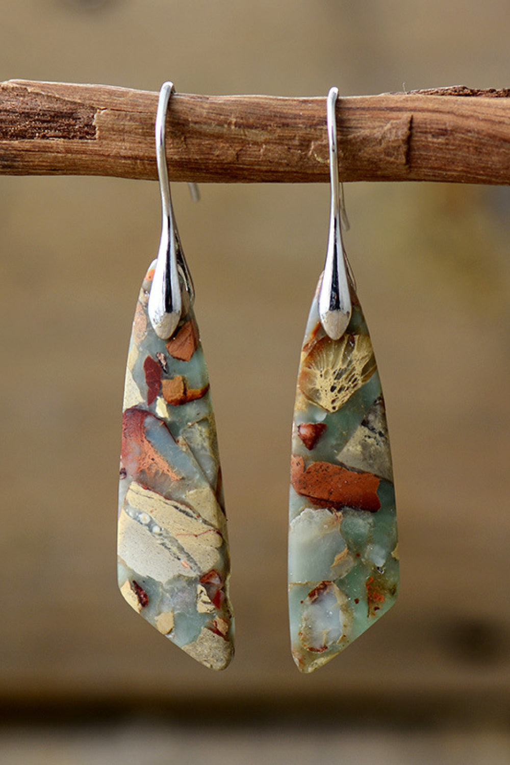 Mosaic stone drop earrings with silver hooks and boho pattern.