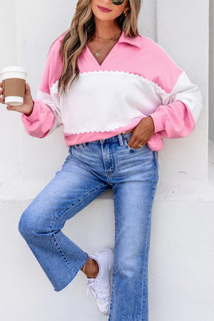 Color Block Ricrac Trim V Neck Long Sleeve Top option 5