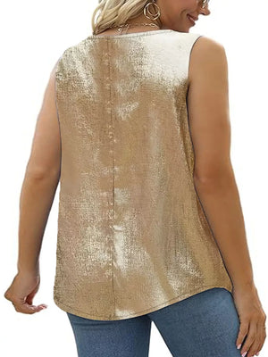 Gold polyester tank top with square neckline and textured finish.