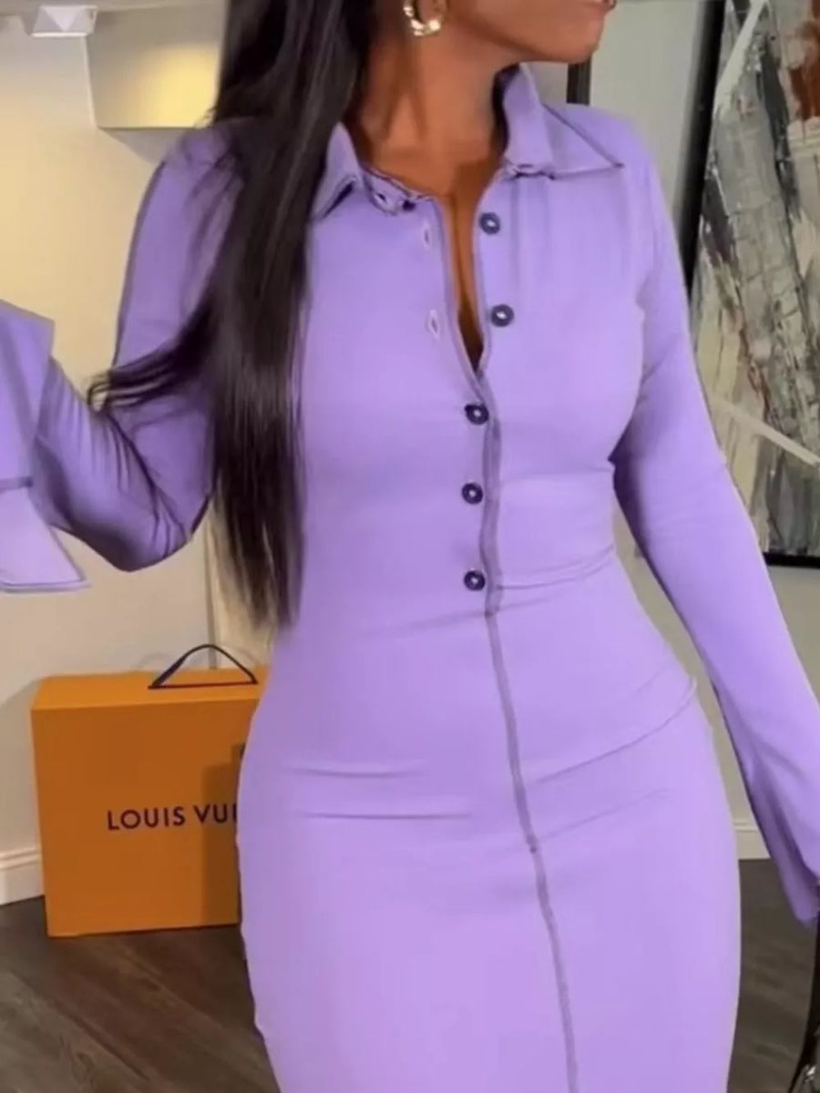 Button Front Long Sleeve Midi Dress in Lavender Purple