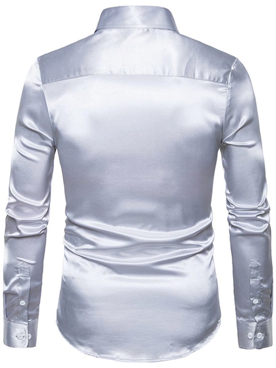 Men's Satin Long Sleeve Shirt in gold with button cuffs