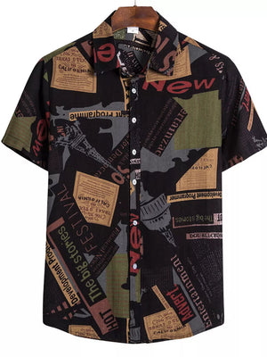 Black Button-down Graphic Short-sleeve Top
