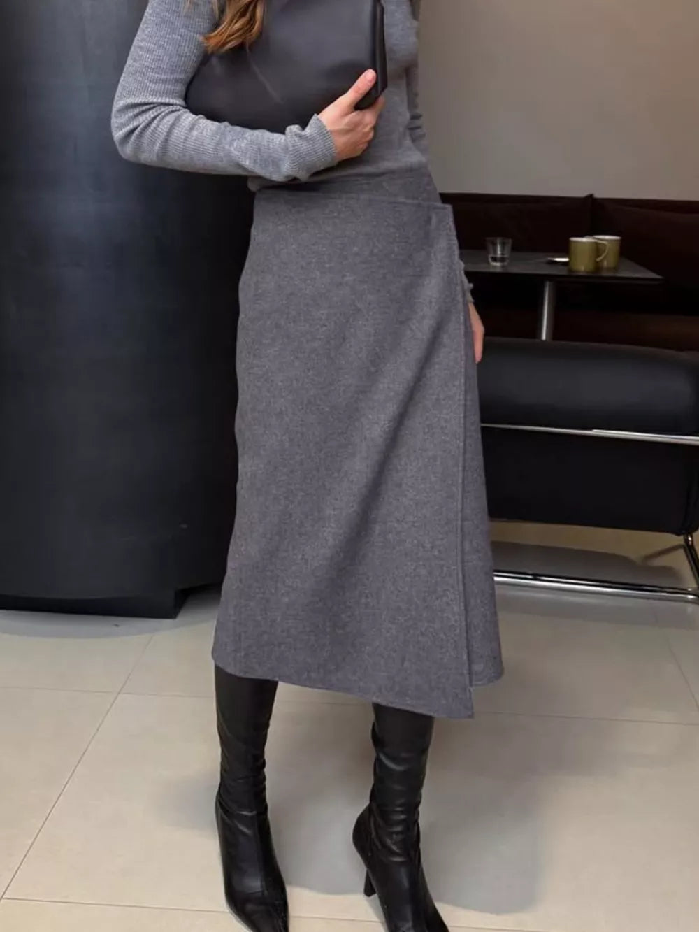 wrap skirt in slate gray featuring asymmetrical and A-line fit