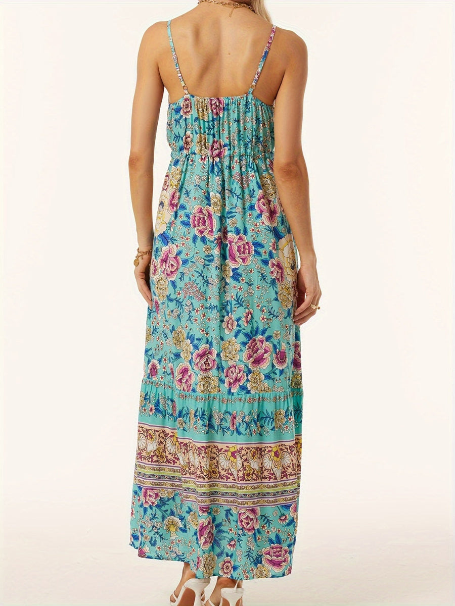Turquoise floral maxi dress with adjustable waist and tiered hem