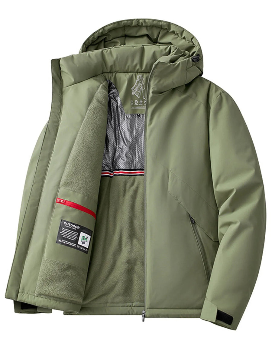 Army green hooded windbreaker jacket with fleece lining and interior pocket detail.