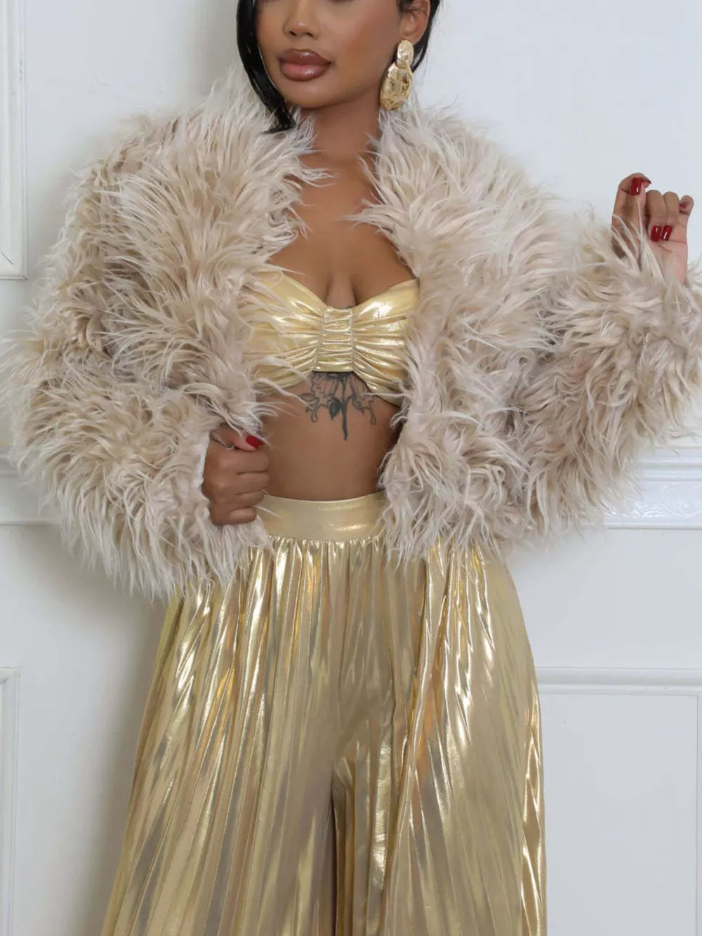 Faux Fur Open Front Cropped Outerwear in Red