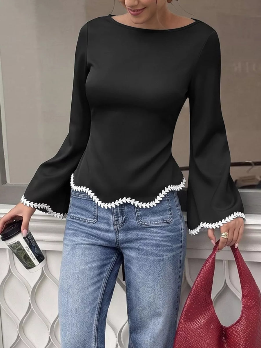 Contrast Trim Flare Sleeve Blouse option 5