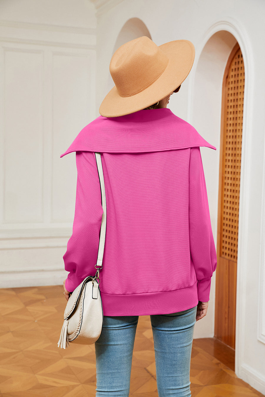 Fuchsia pink wide collar zip-through sweatshirt with a relaxed fit.