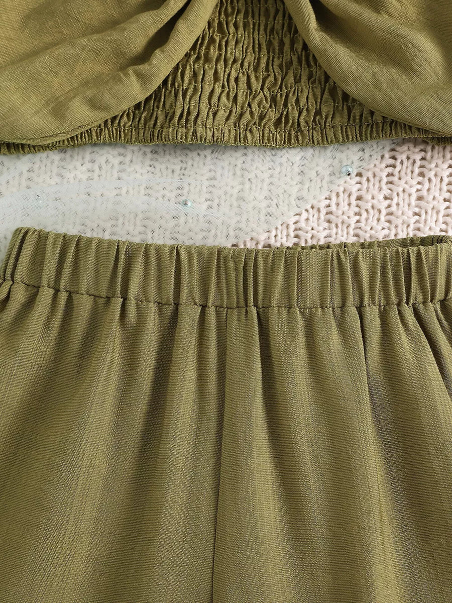 Olive with Children's Smocked Bow Cami And Pants Set in Olive