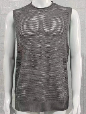Gray open-knit sleeveless crewneck tank top with a ribbed hem.