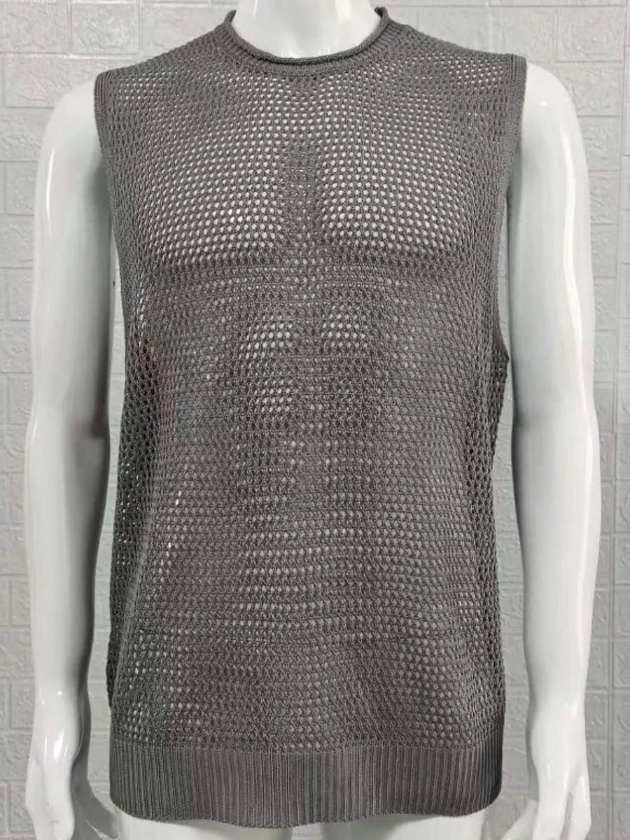 Gray open-knit sleeveless crewneck tank top with a ribbed hem.