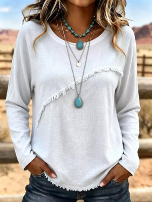 Burgundy Full Size Fringe Detail Long Sleeve T-shirt Plus Size