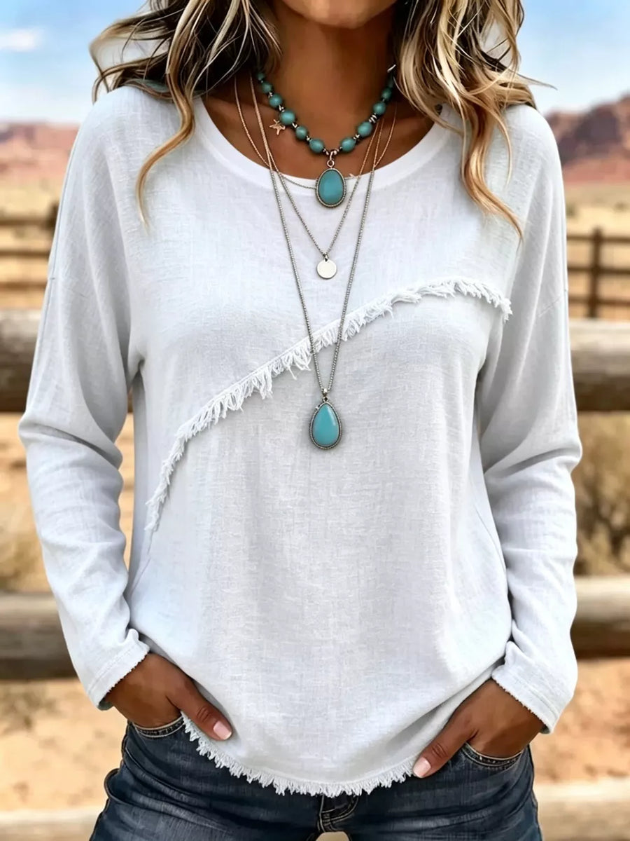 Burgundy Full Size Fringe Detail Long Sleeve T-shirt Plus Size