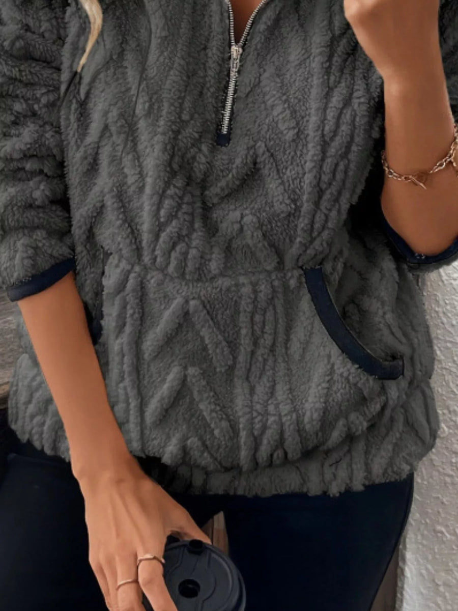 Cozy Sherpa Half Zip Sweatshirt in Dark Gray with chevron texture and front pocket.