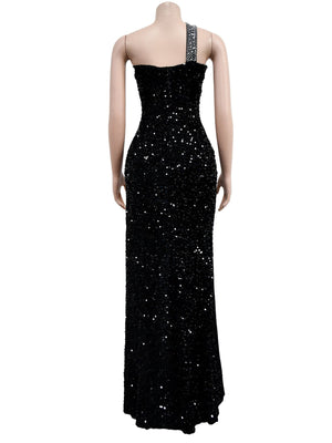 royal blue fitted formal gown with one-shoulder