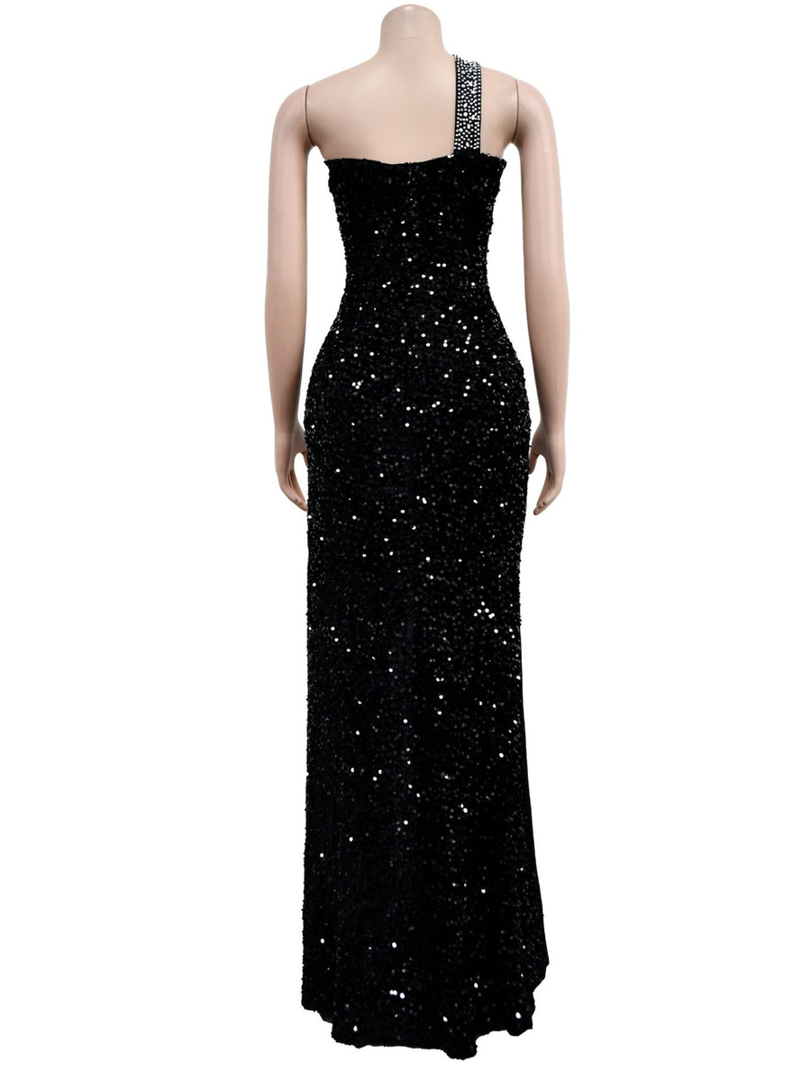 royal blue fitted formal gown with one-shoulder