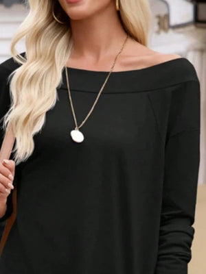 100% polyester Care instructions: Machine wash cold off-shoulder top in Dark Blue with relaxed silhouette
