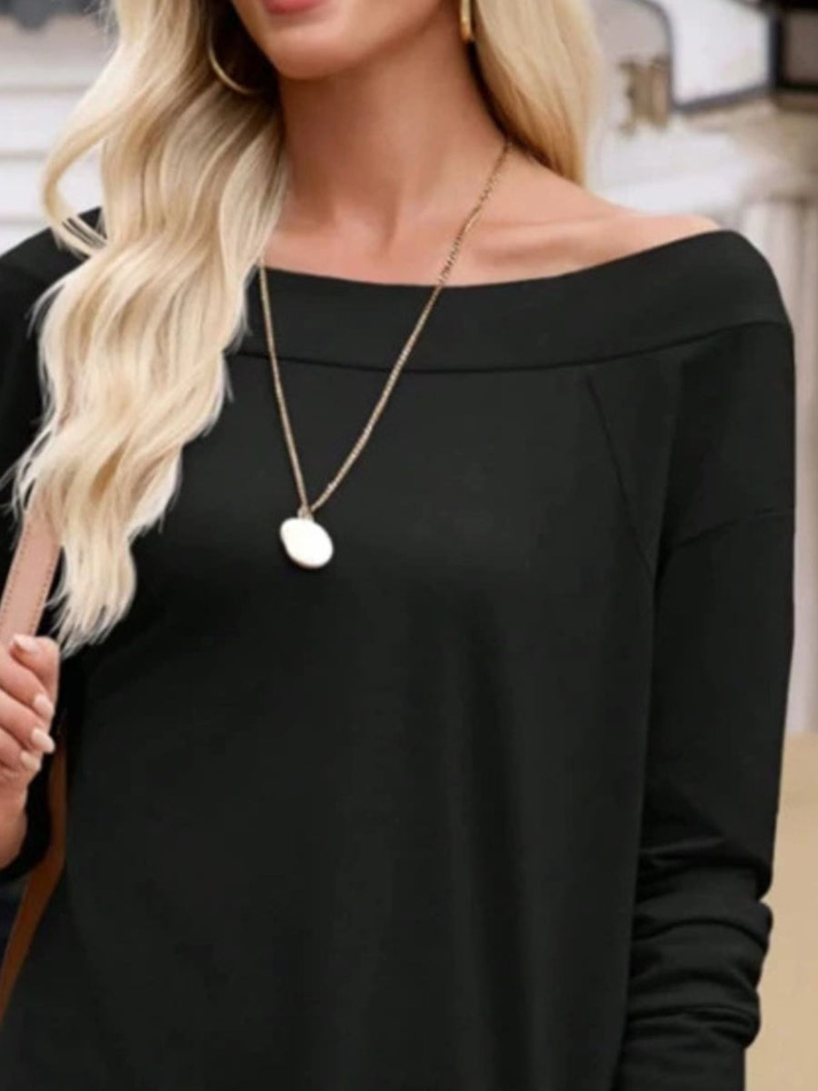 100% polyester Care instructions: Machine wash cold off-shoulder top in Dark Blue with relaxed silhouette