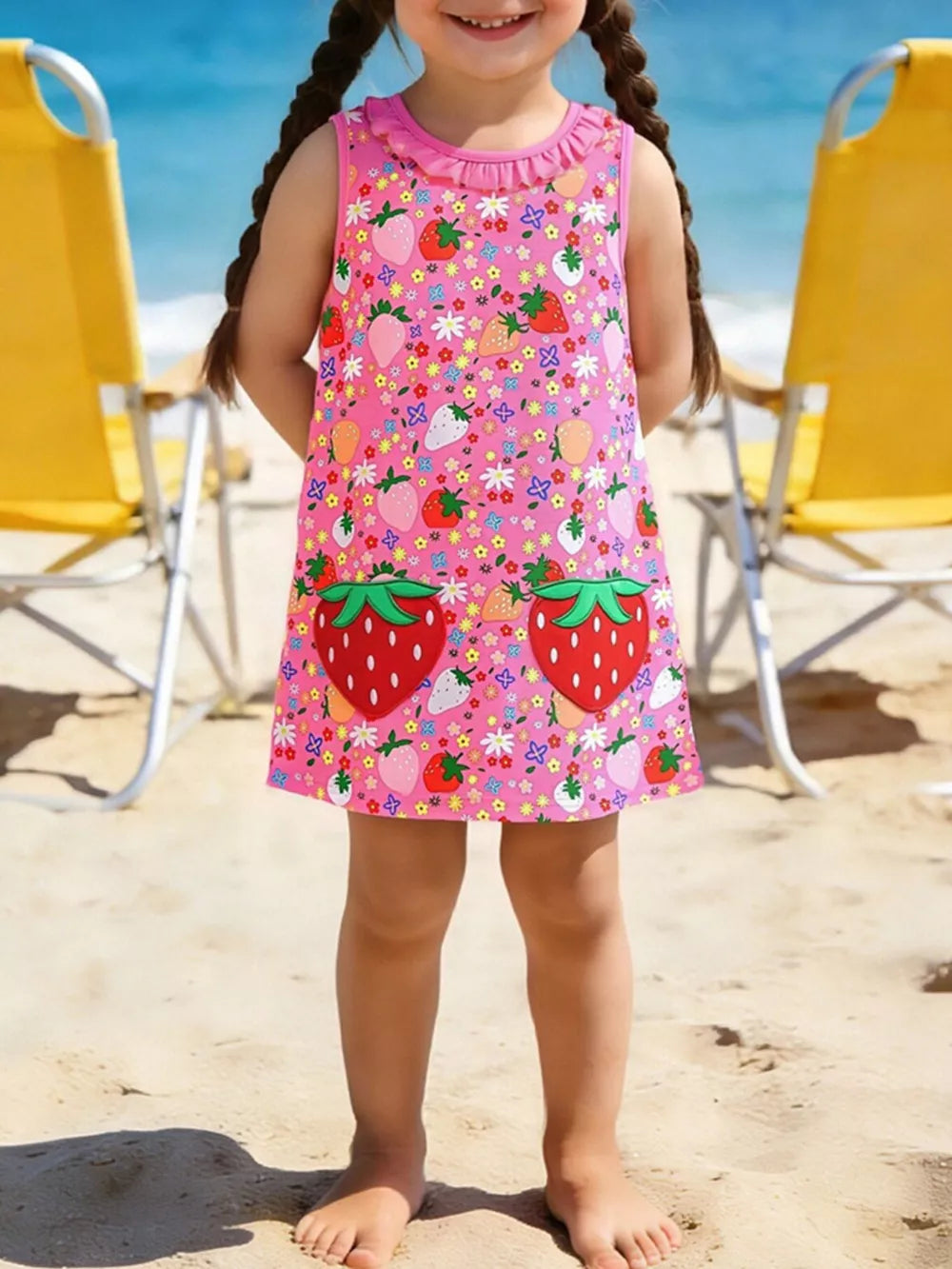 Toddler pink cotton dress with strawberry and floral print, ruffled neckline.