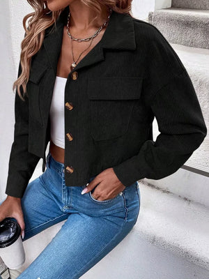 Cropped Corduroy Button-down Jacket in Brown with buttoned