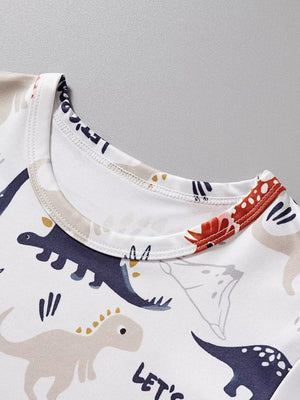 Kids white crew neck t-shirt with allover dinosaur print and "LET'S" text.