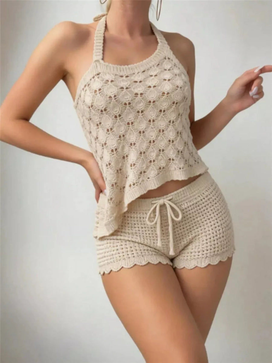 Crochet Knit Halter Neck Top And Shorts Set option 4