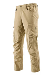 Khaki cargo pants with elastic waist and drawstring, featuring multiple pockets.