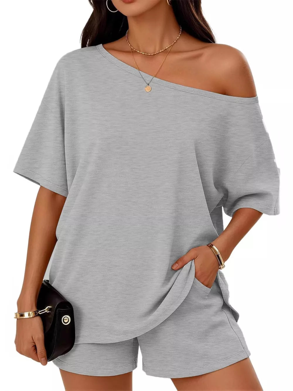 Gray boat neck tee and shorts set with pockets, casual comfortable women's outfit