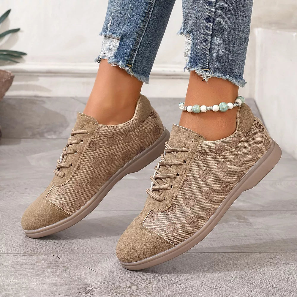 Khaki lace-up casual sneakers with all-over logo pattern and suede toe cap.