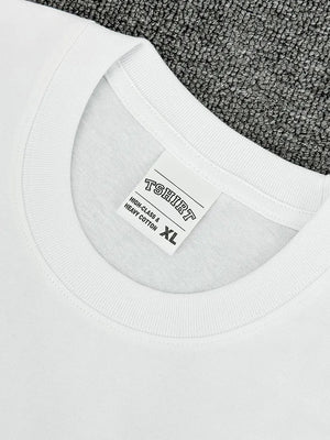 White crew neck t-shirt with XL size tag and heavy cotton detail
