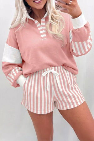 Pale Blush with Color Block Polo Shirt And Striped Shorts Set