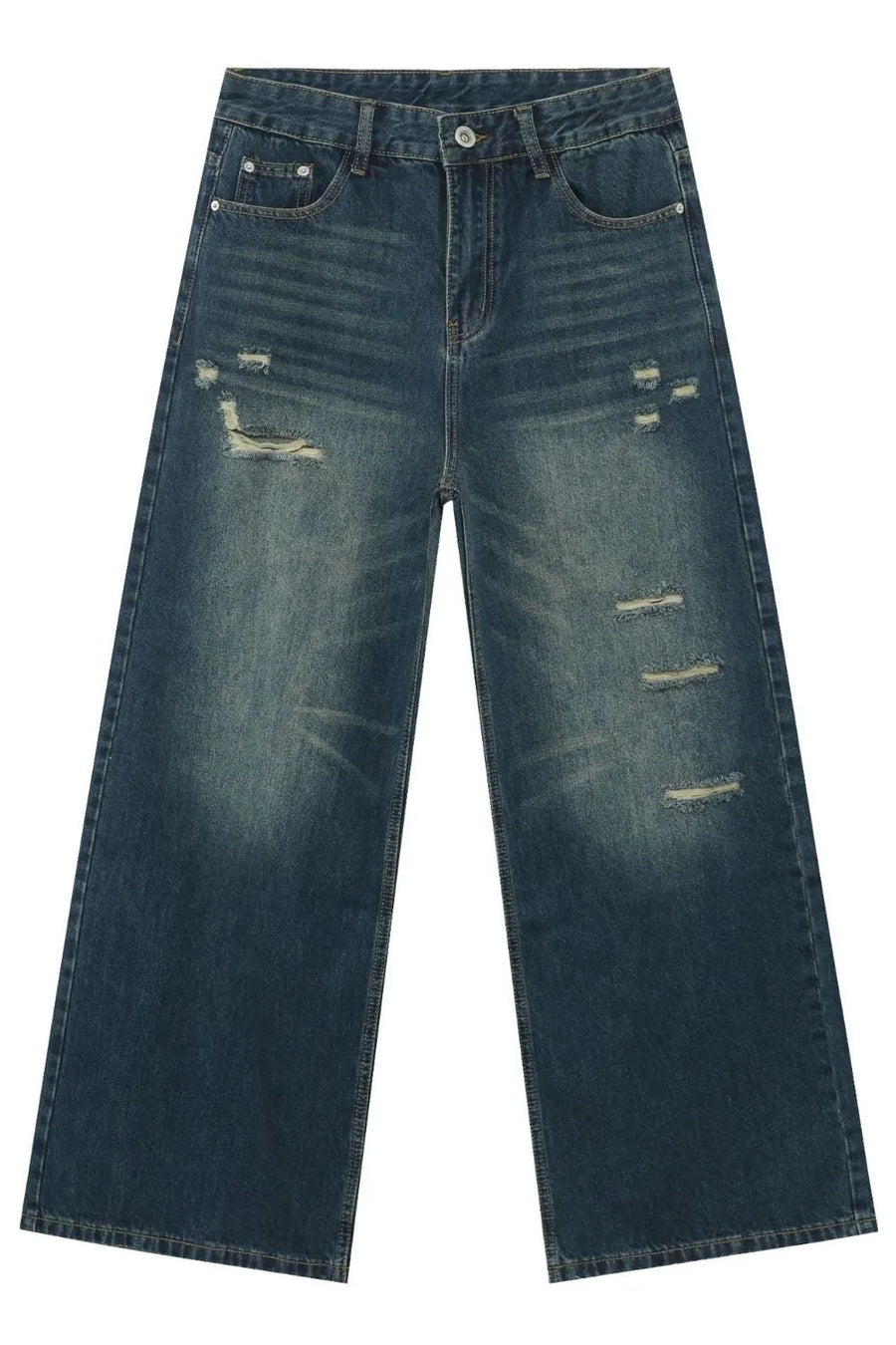 Distressed baggy dark wash denim jeans with a wide leg and whiskering details.