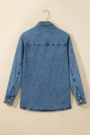 medium wash blue denim jacket with studded and long sleeve