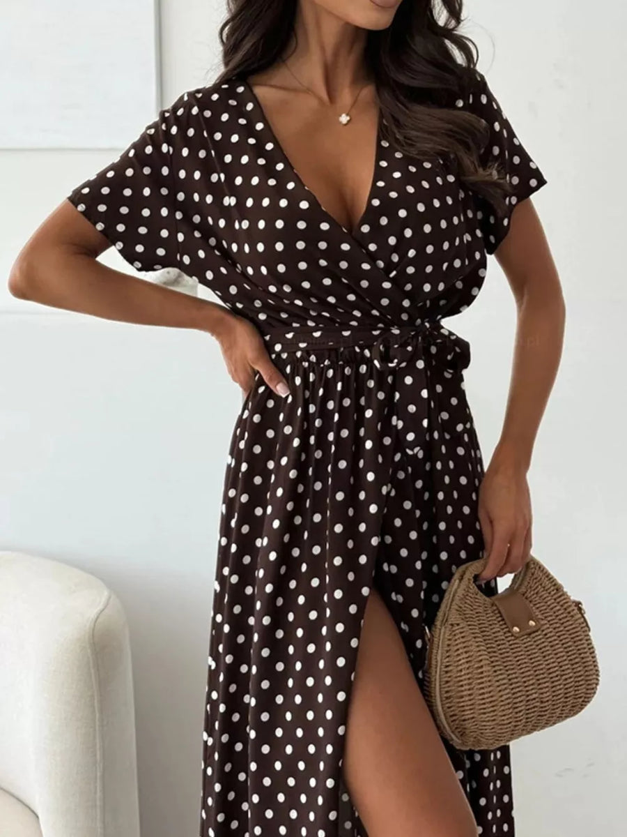 Polka Dot Surplice Maxi Dress With Slit in Dusty Pink, view 15