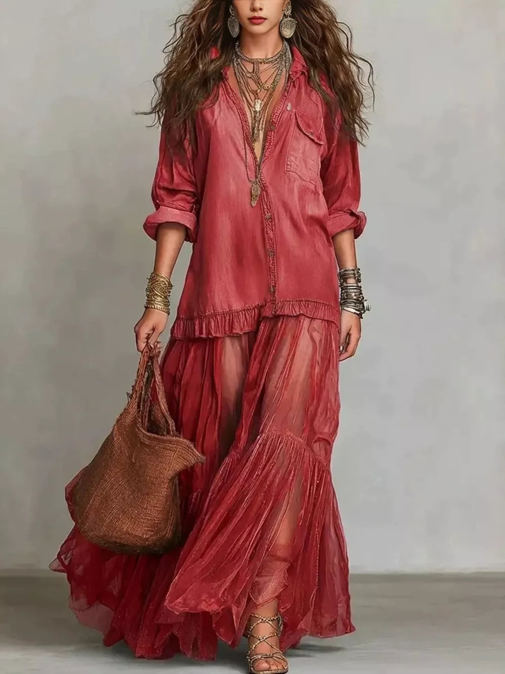 Tiered Long Sleeve Denim Maxi Dress Plus Size in light blue with buttoned