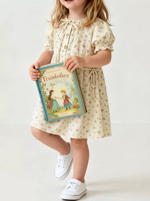 Cream floral puff sleeve toddler dress with button-down front and tie waist.