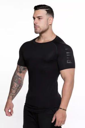Black performance tee with shoulder print and crew neck.