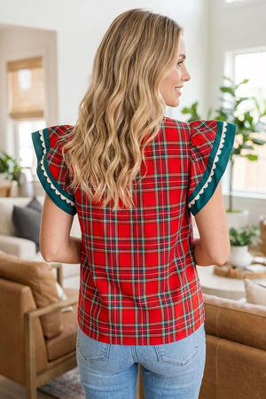 Plaid V Neck Short Sleeve Shift Blouse in Deep Red