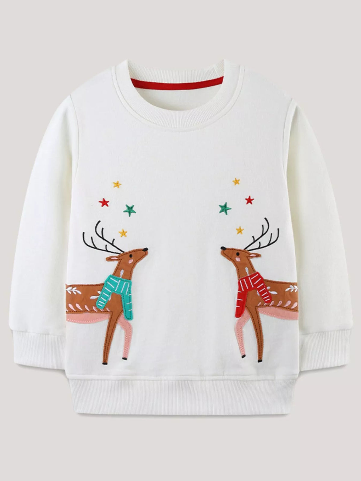 White cotton sweatshirt with embroidered reindeer and stars, red neckline trim.