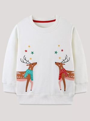 White cotton sweatshirt with embroidered reindeer and stars, red neckline trim.