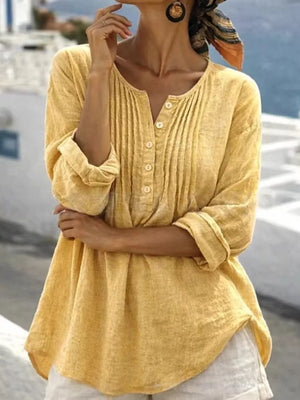 White Casual Button Detail Long Sleeve Linen Shirt