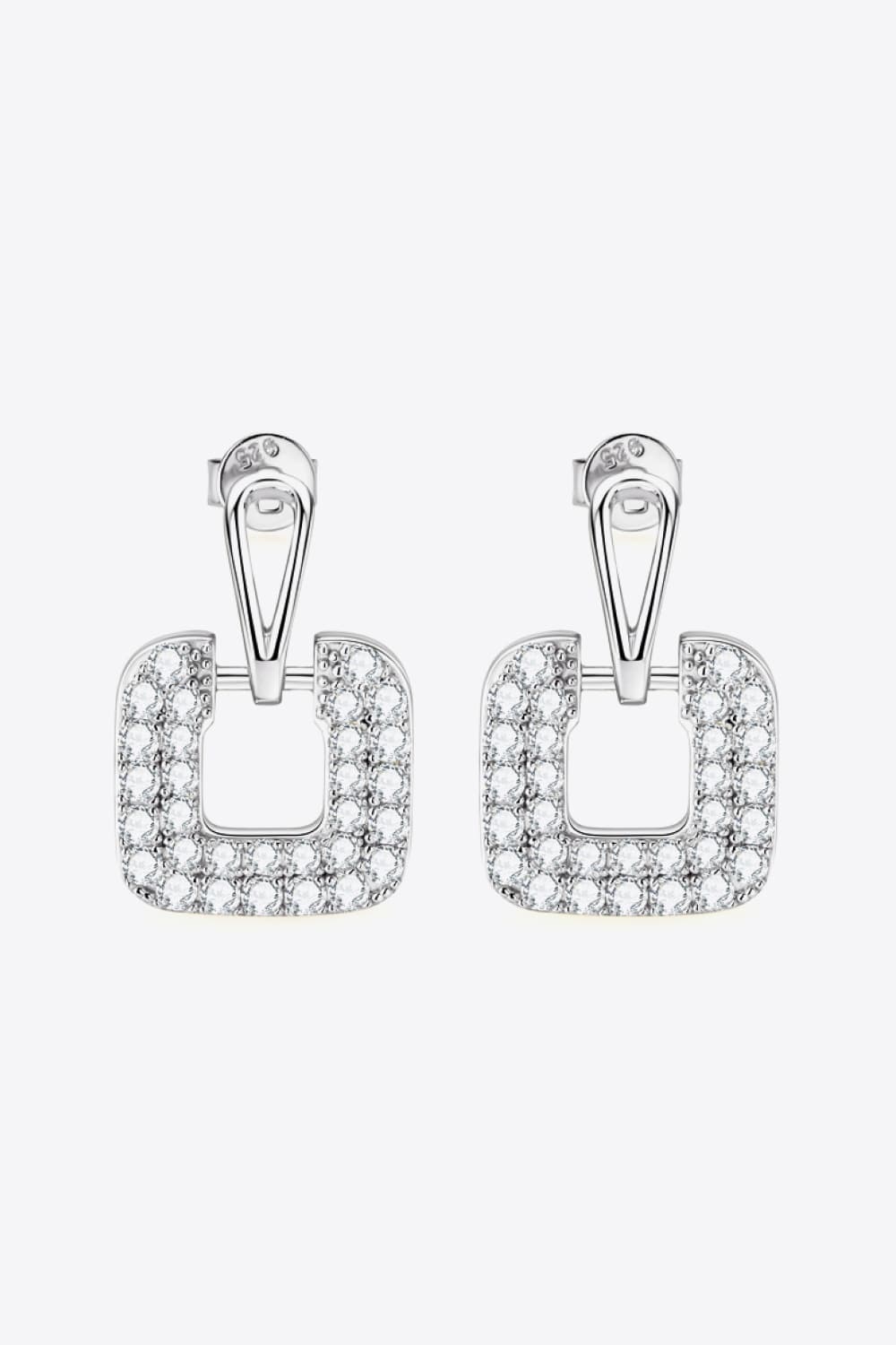 Silver geometric pavé square earrings with clear crystal embellishments.