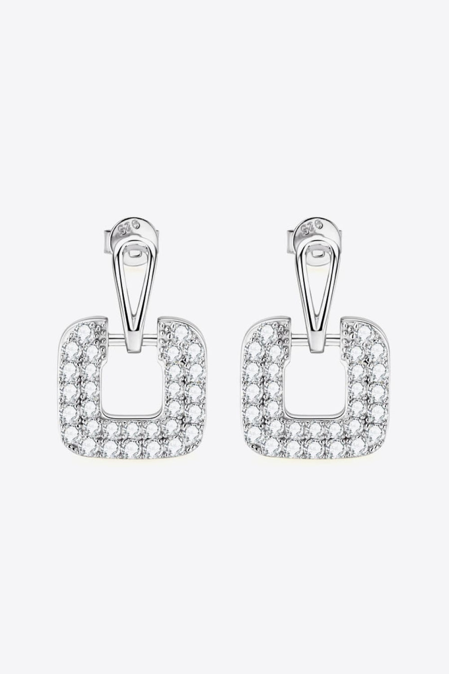 Silver geometric pavé square earrings with clear crystal embellishments.