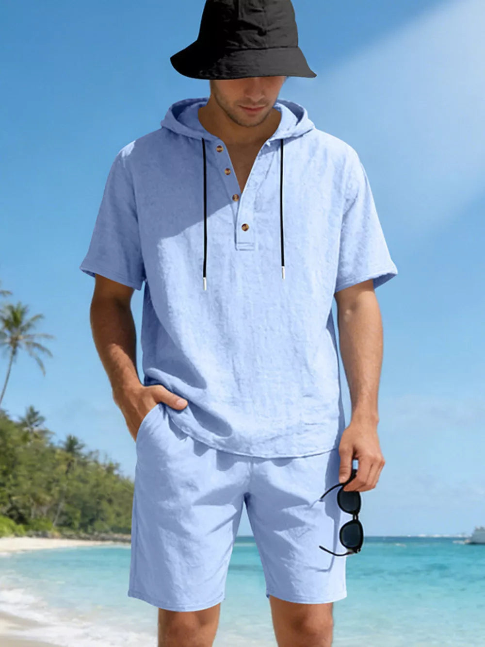 Light blue linen blend hooded top and shorts set for men.