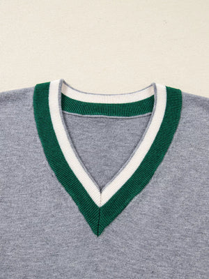 Gray ribbed V-neck sweater with green and white striped trim