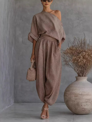 Khaki One-shoulder Top And Joggers Set