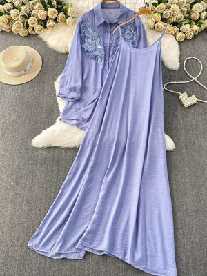 Blue embroidered floral two-piece set with collared shirt and cami dress.